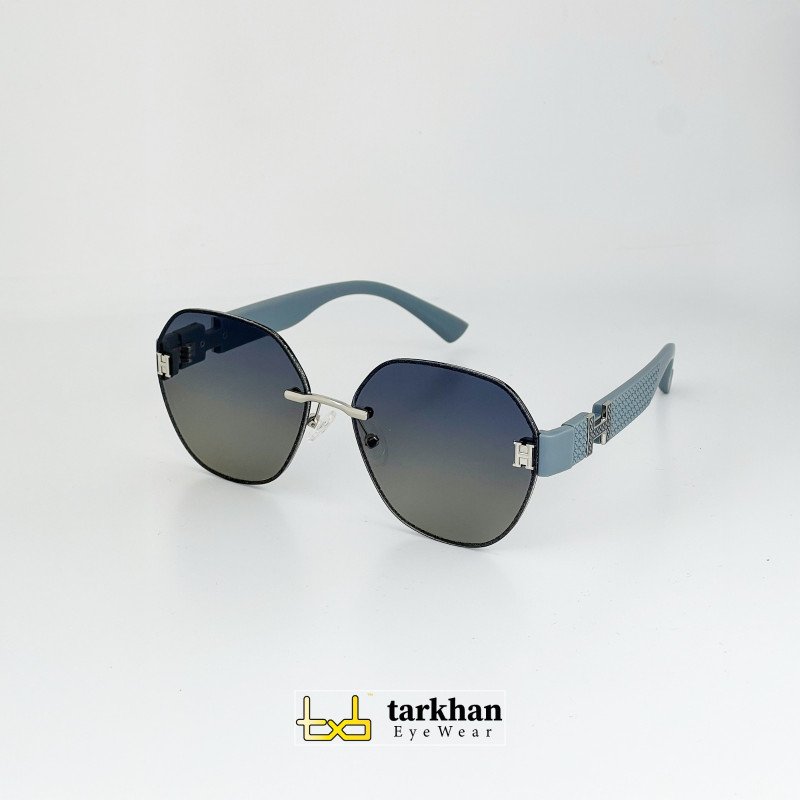 نظارة شمسية بدون إطار بعدسات سداسية ومقابض جلدية رمادية Rimless Hexagonal Sunglasses with Grey Textured Temples