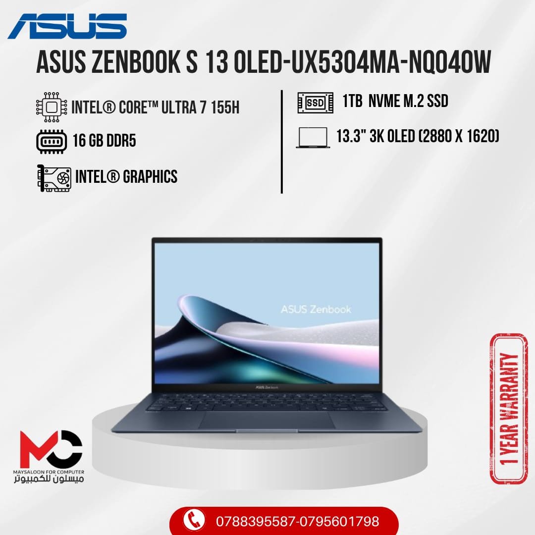 ASUS Zenbook S 13 OLED , Ultra 7 -155H ,16 GB DDR5 ,1TB SSD
