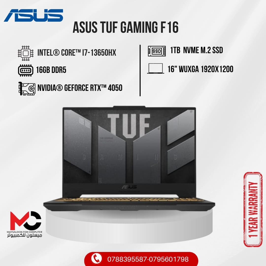 ASUS TUF Gaming F16 Intel Core i7-13650HX, Nvidia RTX 4050 , 16.0” FHD , 16 GB DDR5 RAM , 1 TB SSD