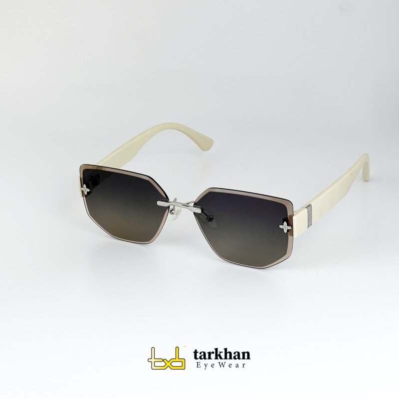 نظارة شمسية بإطار معدني وعدسات متدرجة وذراع بلون عاجي Metal Frame Gradient Lens Sunglasses with Ivory Arms