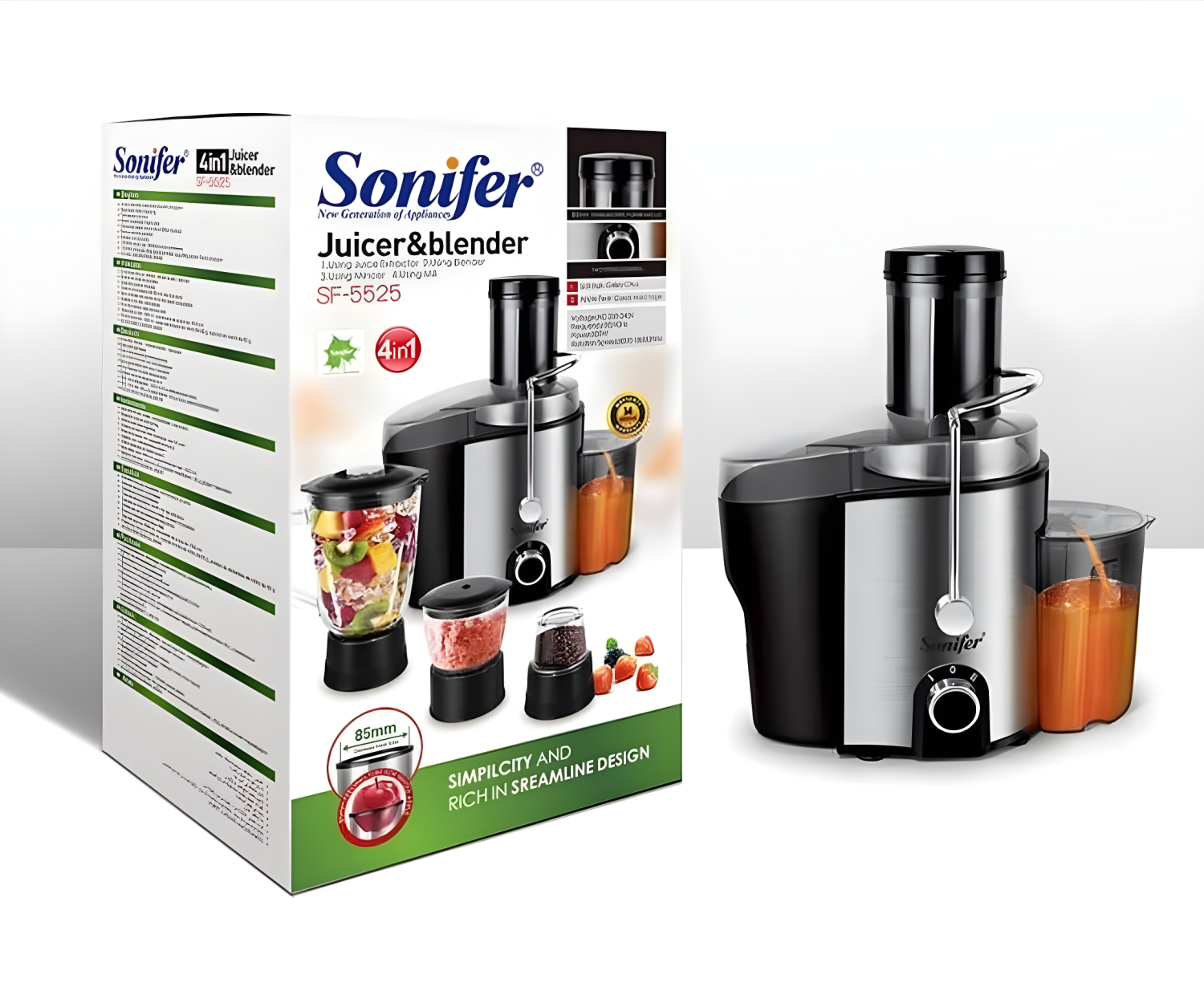عصارة 4×1 من سونفير – 800 واط (عصارة، فرامة، مطحنة، خلاط) Sonifer 4-in-1 Juicer – 800W (Juicer, Chopper, Grinder, Blender)
