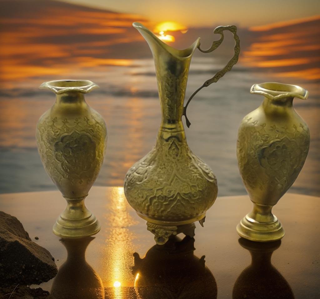 ابريق قديم ومزهريتين نحاس old copper jug ​​and 2 vase